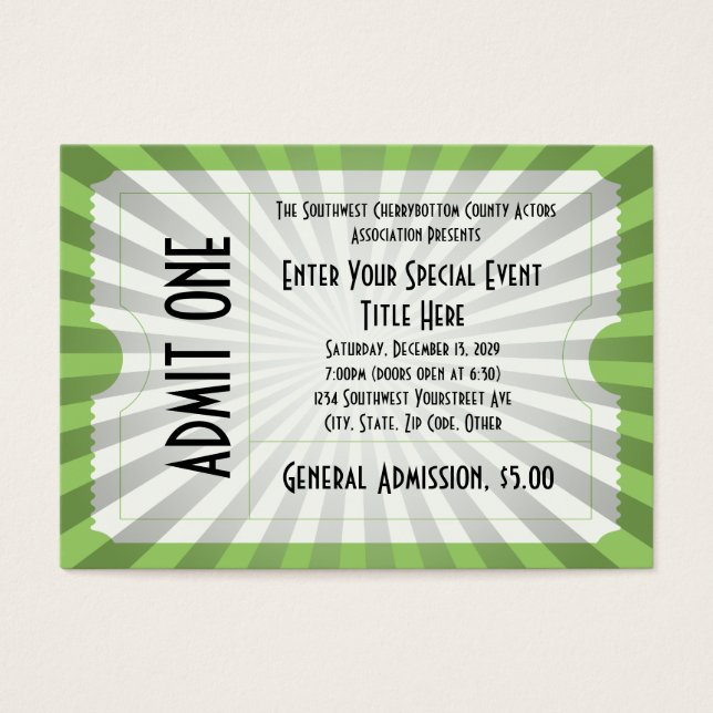 White/Green Event Ticket, Lg Business Card Size (Front)