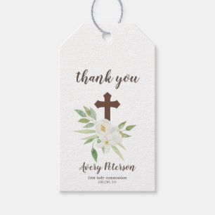 White & Green Floral Cross First Holy Communion Gift Tags