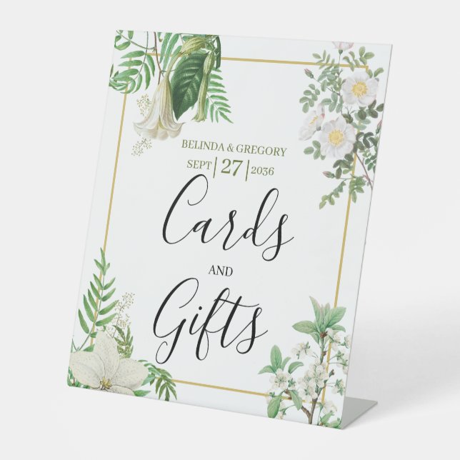 White Green Floral Gold Wedding Cards & Gifts Pedestal Sign (Front)