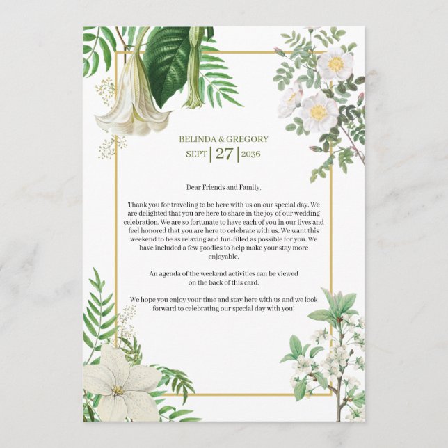 White Green Floral Gold Wedding Itinerary Program Programme (Front)