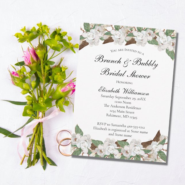 White Green Floral Magnolias Elegant Bridal Shower Invitation (Creator Uploaded)