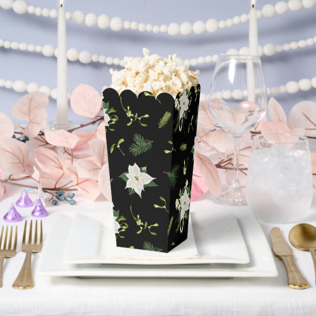 White Green Floral Pattern on Black Popcorn Favour Box (Wedding)