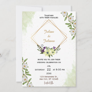 White Green Floral Watercolor Wedding Invitation