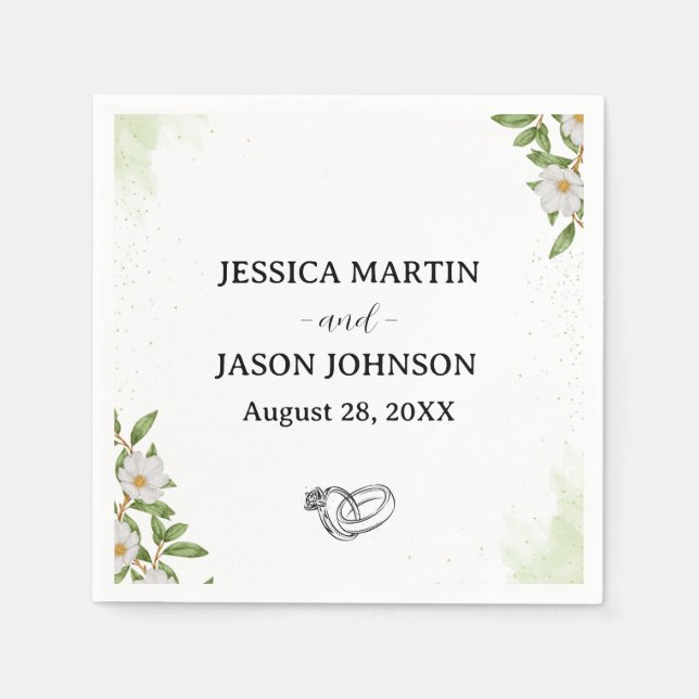 White Green Floral Watercolor Wedding  Napkin (Front)