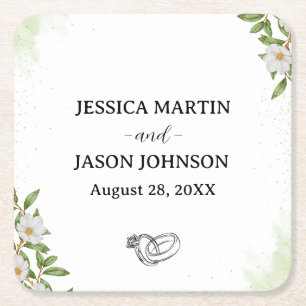 White Green Floral Watercolor Wedding  Square Paper Coaster