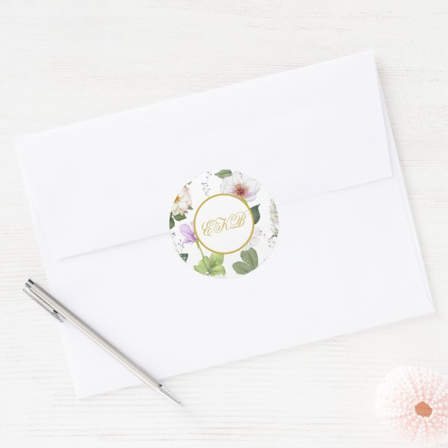 White Green Gold Floral Elegant Modern Age Classic Round Sticker (Envelope)