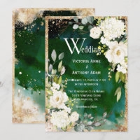 White Green Gold Rustic Floral Wedding Invitation