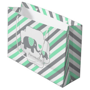 White, Green & Grey Stripe Elephants Baby Shower Large Gift Bag