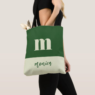 White & green initial personalised tote bag