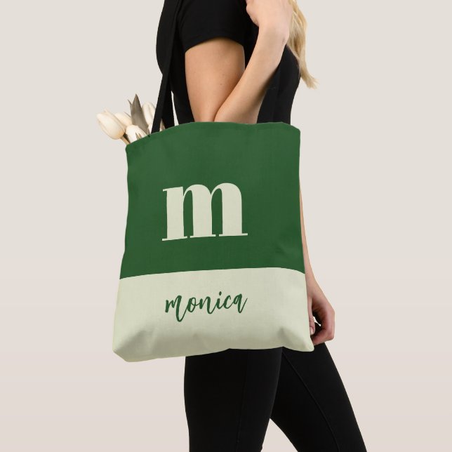White & green initial personalised tote bag (Close Up)