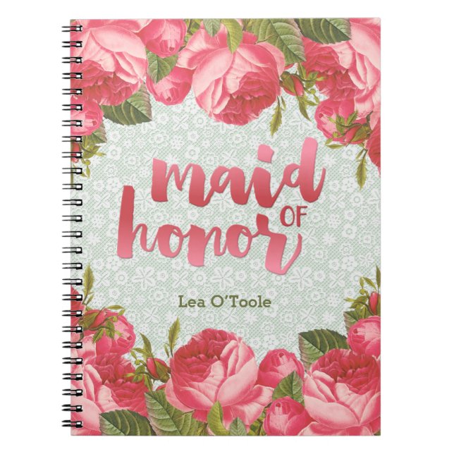 White & Green Lace Maid-of-Honour Wedding Spiral Notebook (Front)