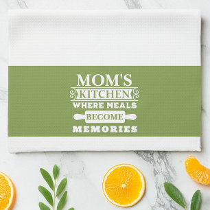 White Green Mom's Meals Become Memories Tea Towel
