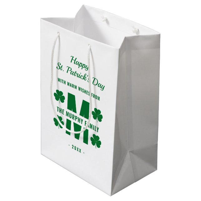 White Green Monogram Family Name St. Patrick's Day Medium Gift Bag (Back Angled)