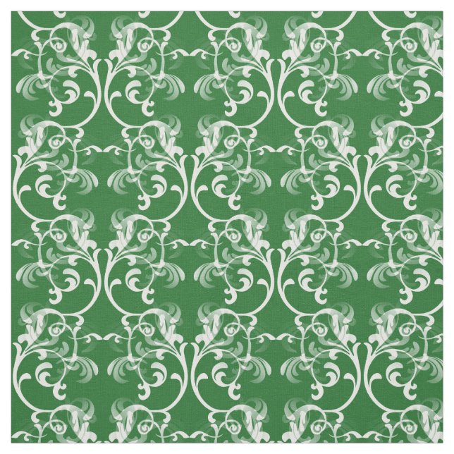 White Green Parisian Damask Pattern Fabric (Swatch)