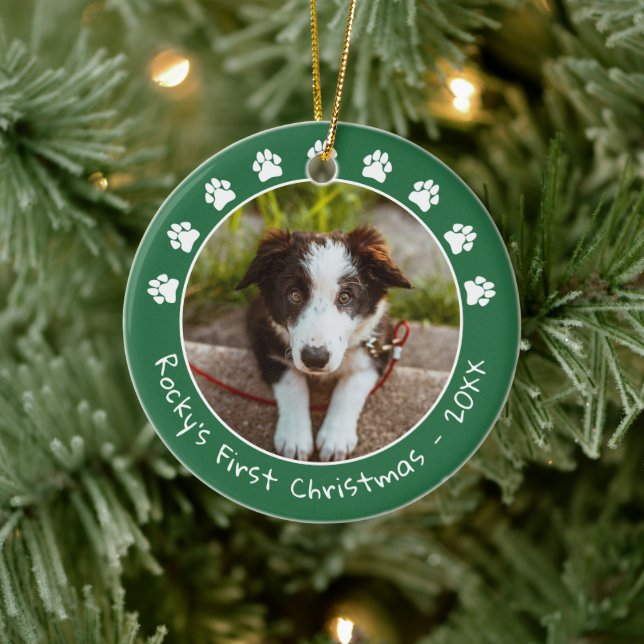White Green Paw Prints Pet's First Christmas Photo Ceramic Tree Decoration (Tree)
