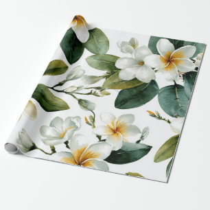 White Green Plumeria Hawaii Tropical Frangipani Wrapping Paper