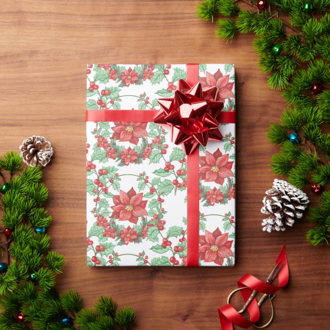 White Green Red Wreath Poinsettia Holiday Wrapping Paper (Holiday Gift)