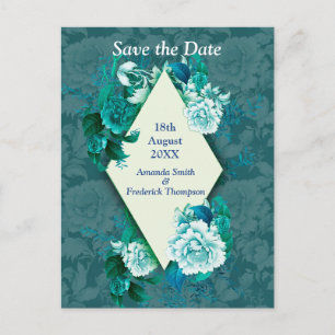 White/ green Rose Flowers on Green pattern paper Announcement Postcard
