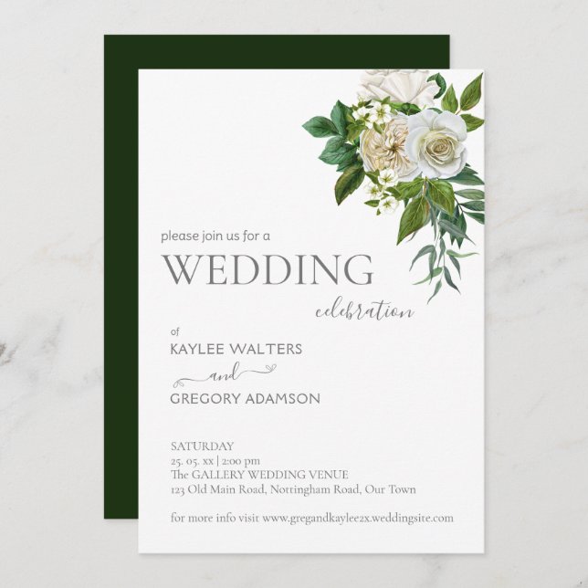 White green rustic roses wedding invite template (Front/Back)
