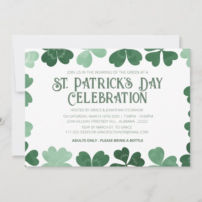 White & Green Shamrock St. Patrick's Day Party Invitation (Front)