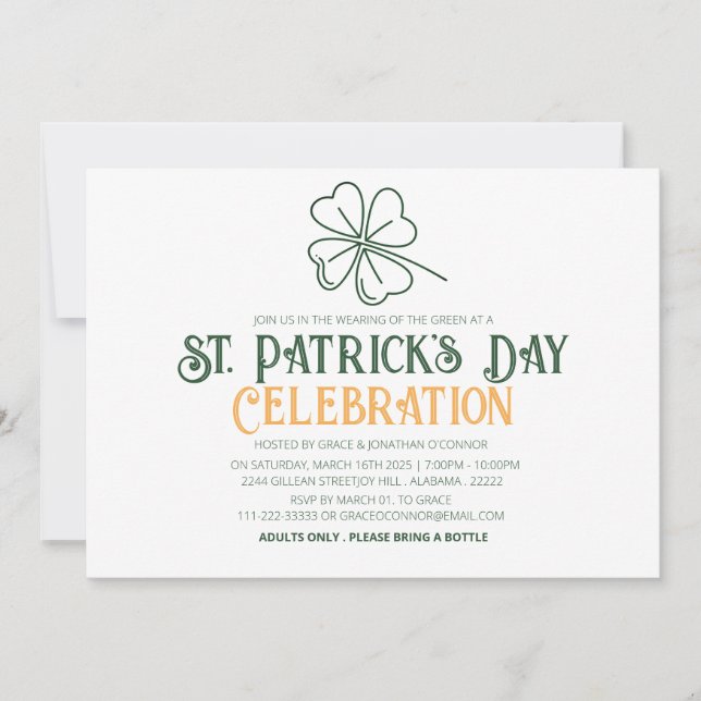 White & Green Shamrock St. Patrick's Day Party Invitation (Front)