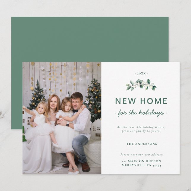 White Green Snow Berries New Home Family Photo Holiday Card (Front/Back)