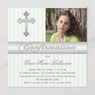 White Green Stripes Confirmation Photo Invitation