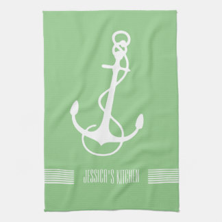 White & Green Stripes Nautical Boat Anchor Tea Towel