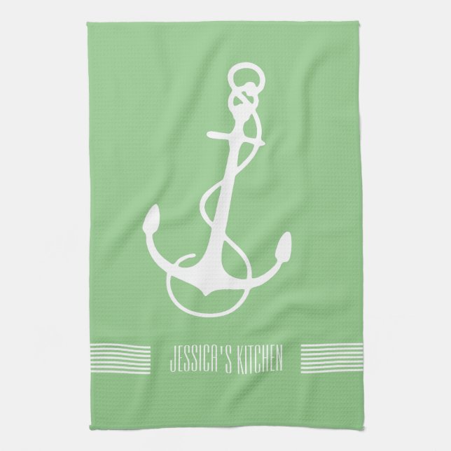 White & Green Stripes Nautical Boat Anchor Tea Towel (Vertical)