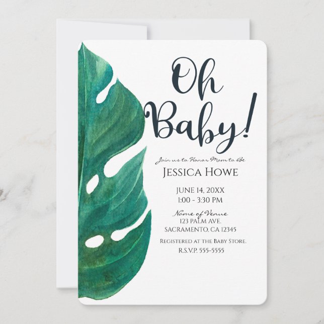 White & Green Tropical Leaf Classy Oh Baby Shower Invitation (Front)