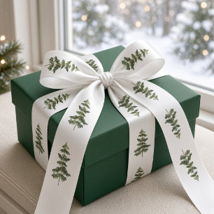 White Green Watercolor Christmas Pine Trees Satin Ribbon