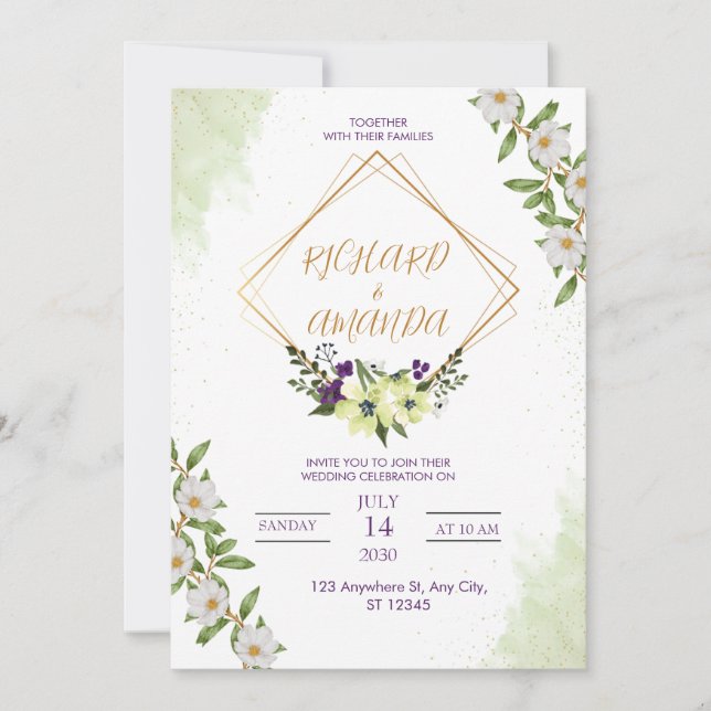 White & Green Watercolor Floral Wedding Invitation (Front)