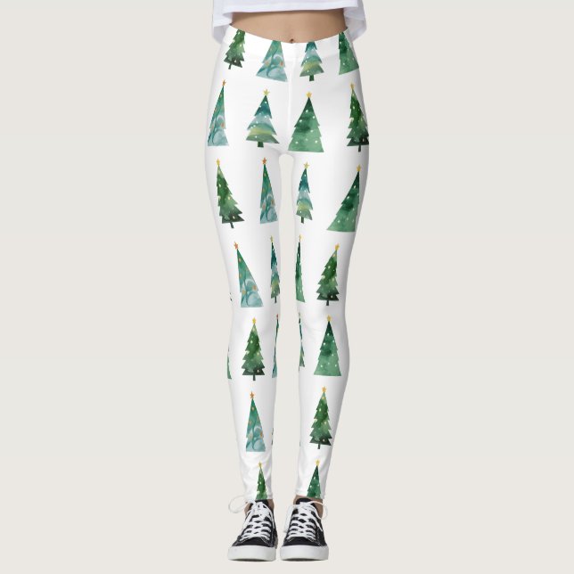 White Green Watercolor Winter Tree Christmas Leggings (Front)