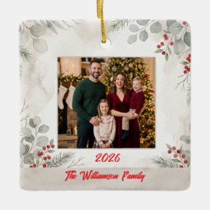 White Greenery Family Photo Christmas Ceramic Ornament