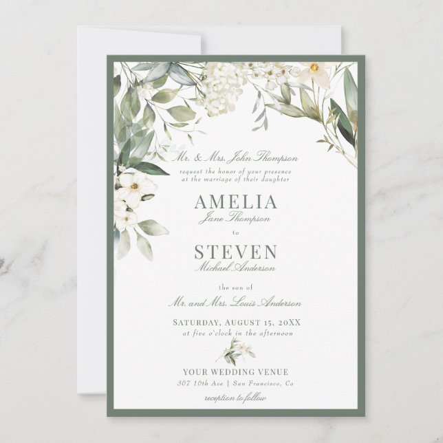 White Greenery Floral Classic Wedding Invitation (Front)