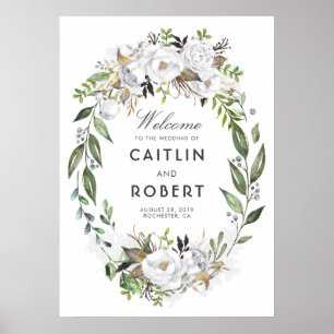 White Greenery Floral Romantic Wedding Welcome Poster