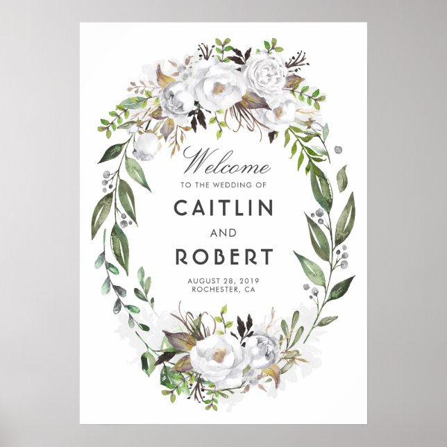 White Greenery Floral Romantic Wedding Welcome Poster (Front)
