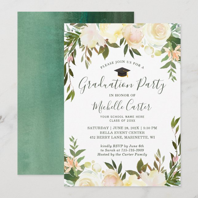 White Greenery Graduation Party Invitation (Front/Back)