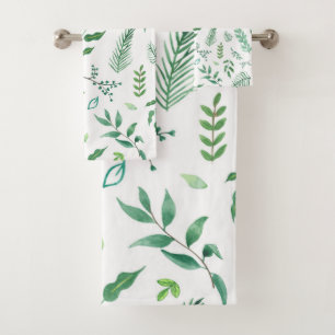 White Greenery Watercolor Botanical Leaves Bath Towel Set
