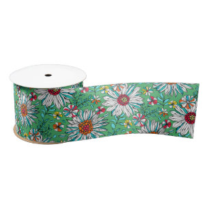 White Greenery Yellow Orange Red Daisy Flowers Satin Ribbon