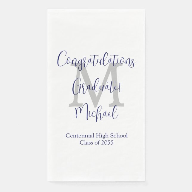 White Grey Blue Monogrammed Graduation Party Napkin (Front)