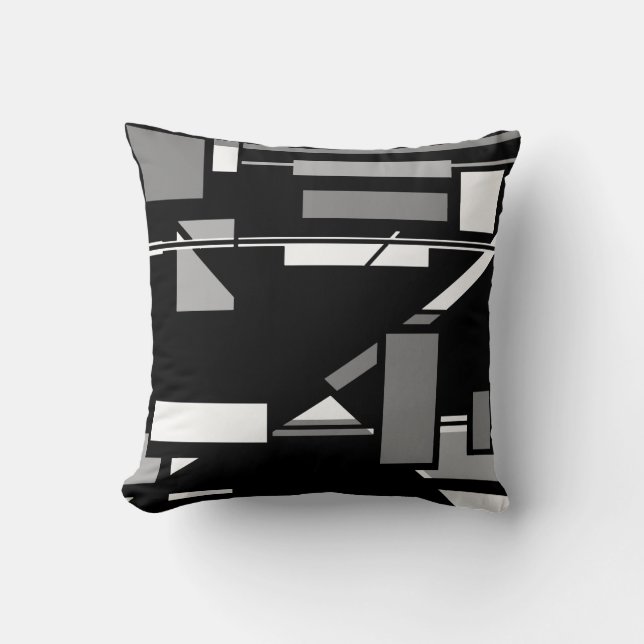 White Grey Boxes on Black Geometric Art Abstract Cushion (Front)