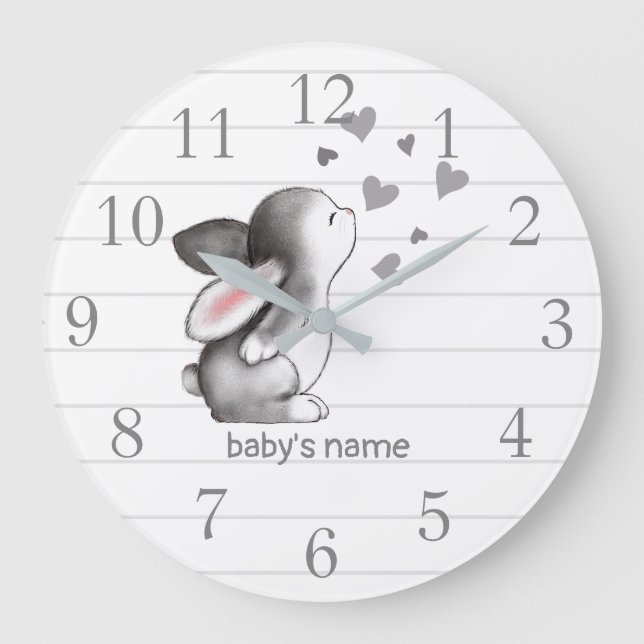 White Grey Bunny Heart Nursery Decor Wall Clock (Front)