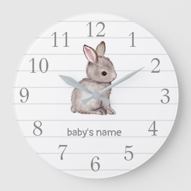 White Grey Bunny Nursery Decor Wall Clock (Front)
