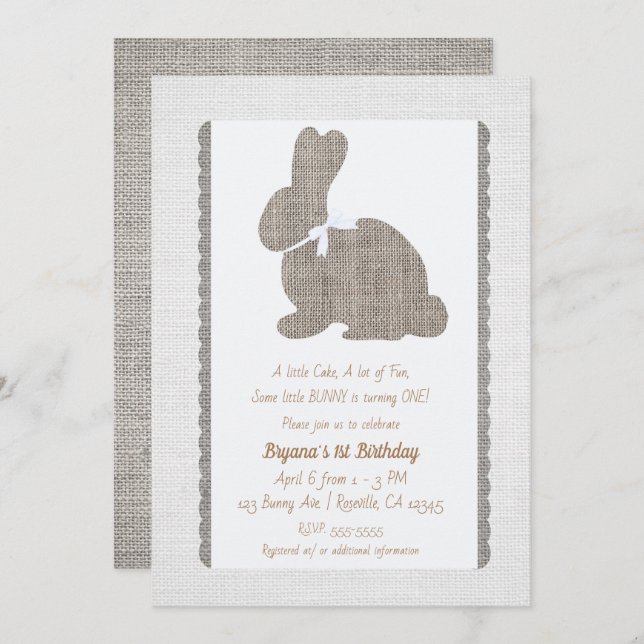 White Grey Burlap Rustic Bunny Easter 1st Birthday Invitation (Front/Back)