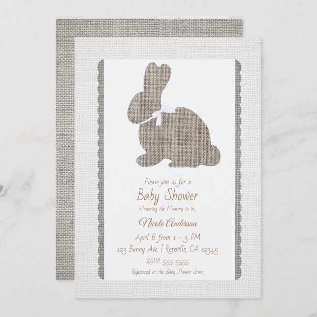 White Grey Burlap Rustic Bunny Easter Baby Shower Invitation (Front/Back)