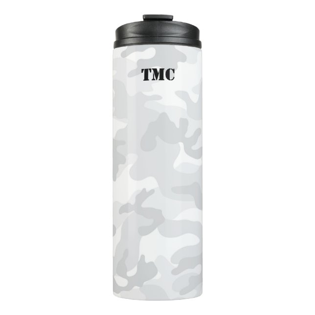 White Grey Camo Black Initials Sports Mod Travel Thermal Tumbler (Front)