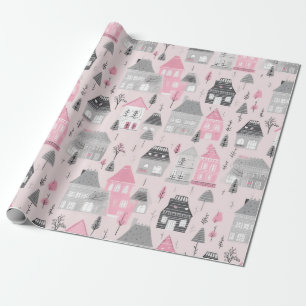 White Grey Christmas Houses on Pink Wrapping Paper