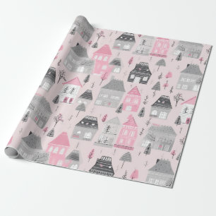 White Grey Christmas Houses on Pink Wrapping Paper
