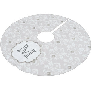 White Grey Damask Lace Monogram Initial Tree Skirt